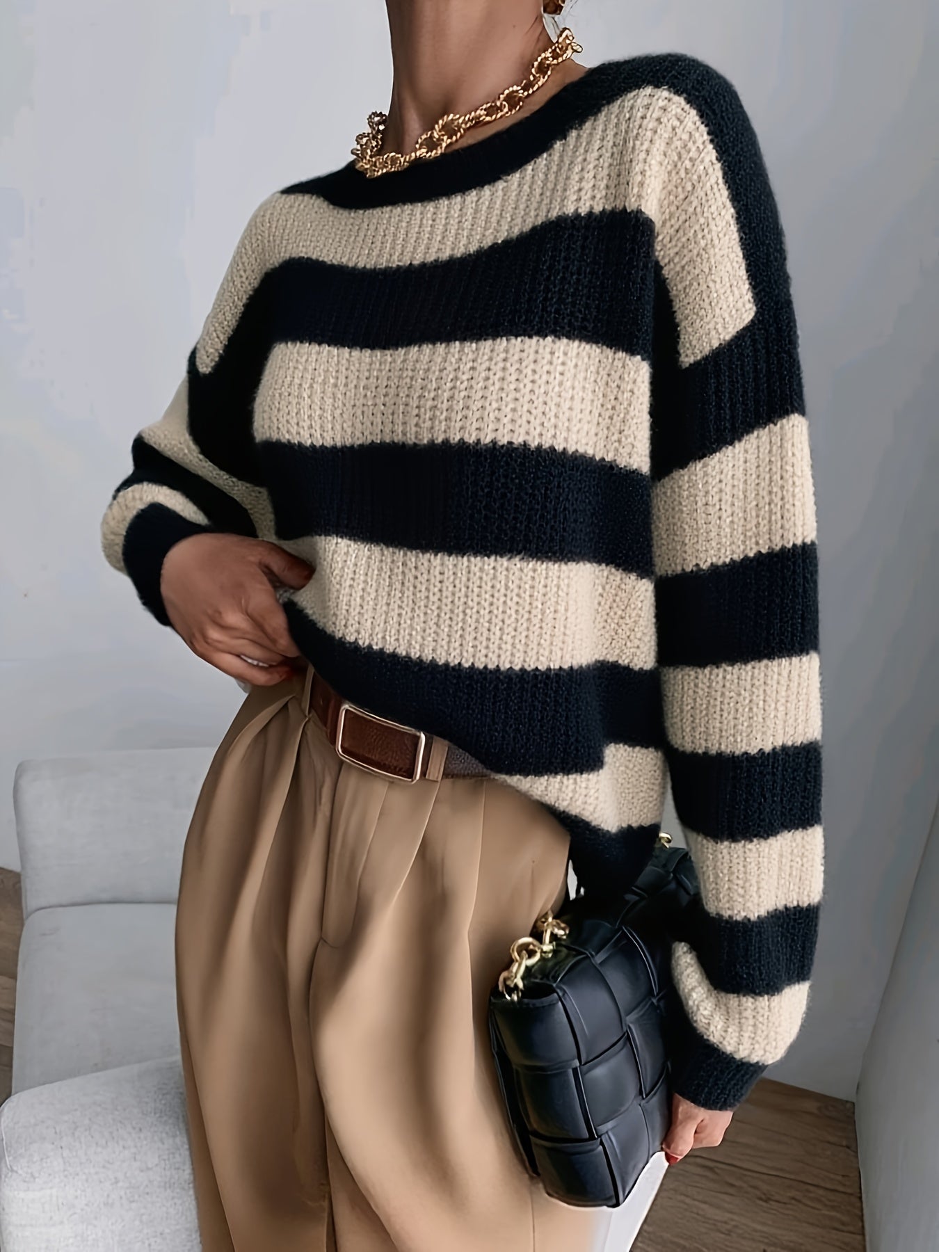 Classic Drop Shoulder Loose Striped Sweater