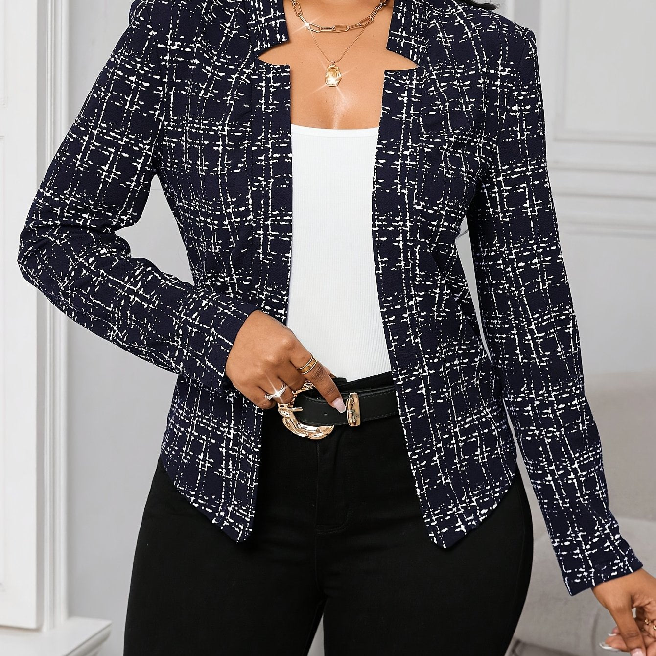 Elegant Tweed Plaid Blazer for Women with Notched Collar Long Sleeve Open Front Asymmetric Hem Casual Style