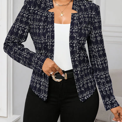 Elegant Tweed Plaid Blazer for Women with Notched Collar Long Sleeve Open Front Asymmetric Hem Casual Style
