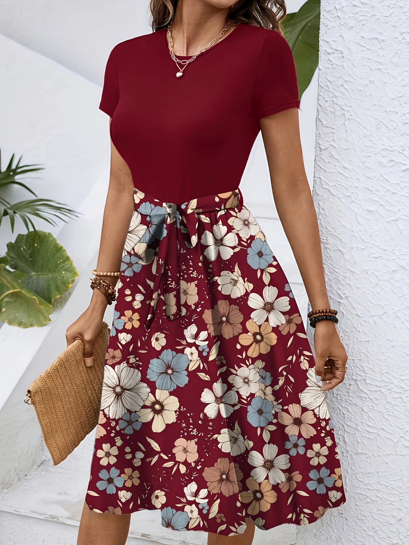 Effortless Floral Midi Dress for Women with Round Neck Short Sleeve Tie Waist A Line Style