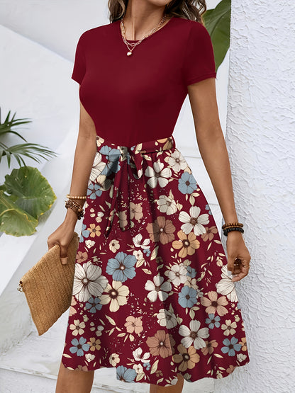 Effortless Floral Midi Dress for Women with Round Neck Short Sleeve Tie Waist A Line Style