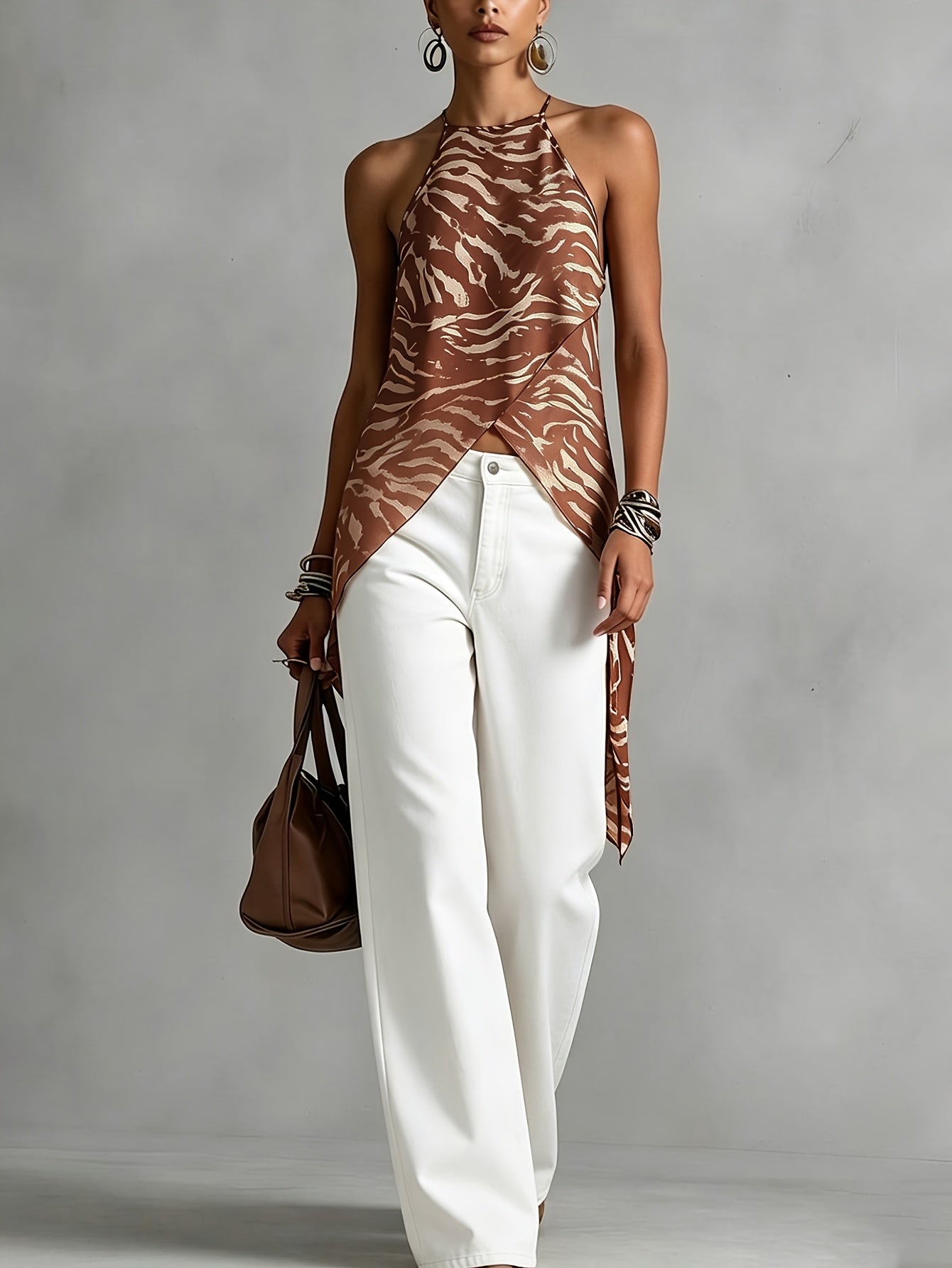 Elegant Brown Zebra Print Halter Top for Women with Sleeveless Asymmetrical Wrap Hem Flowing Style