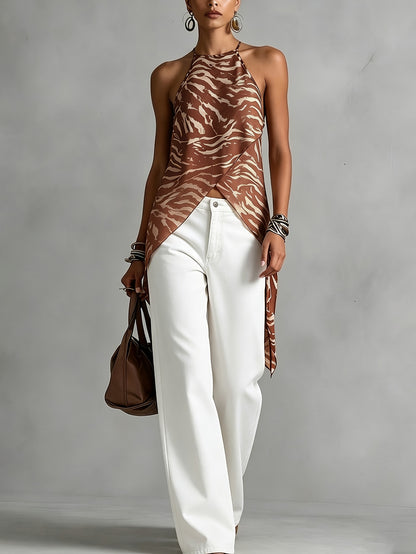 Elegant Brown Zebra Print Halter Top for Women with Sleeveless Asymmetrical Wrap Hem Flowing Style