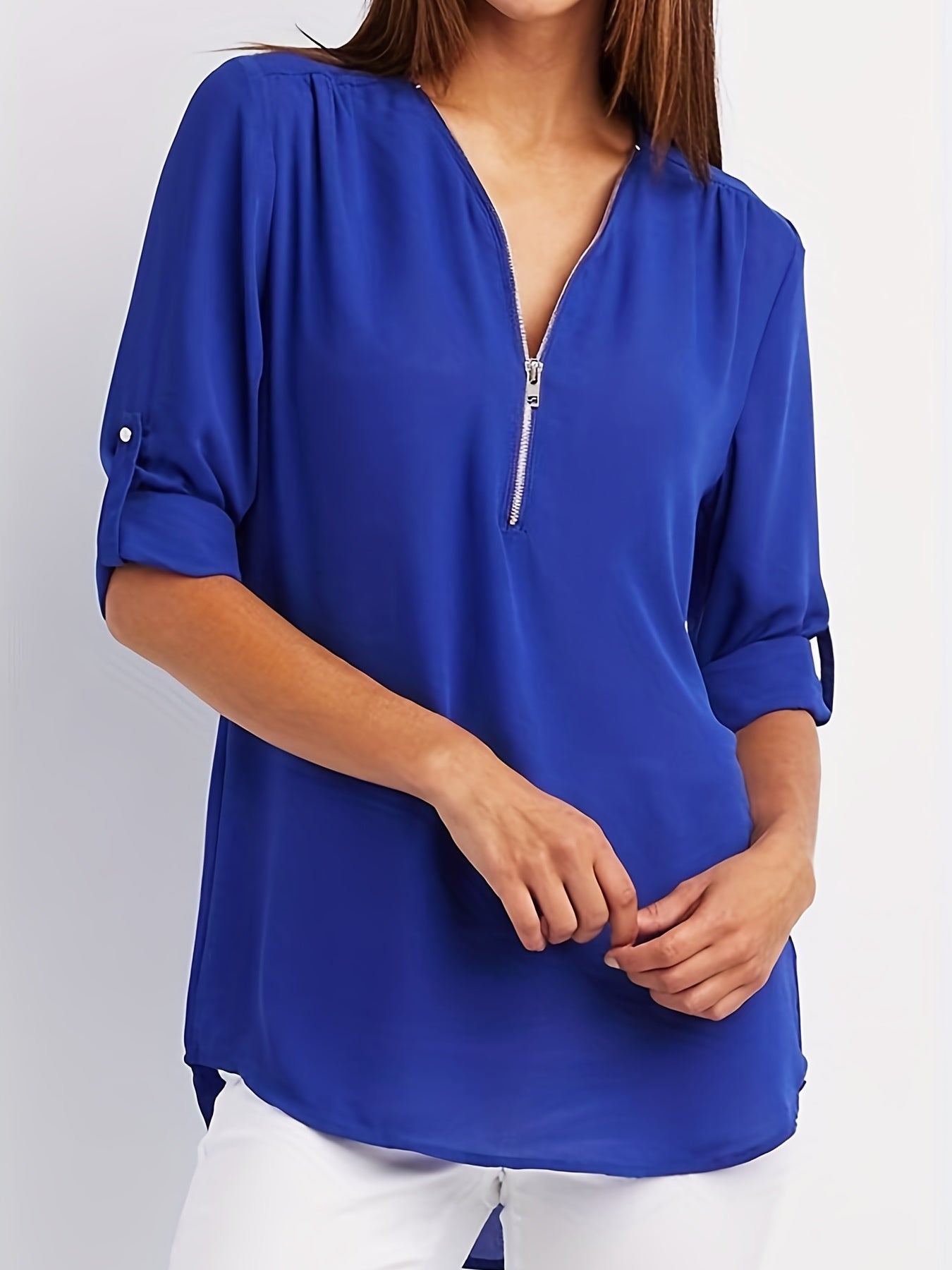 Effortless Chiffon Blouse for Women with Zip V Neck Roll Tab Sleeve Relaxed Casual Style
