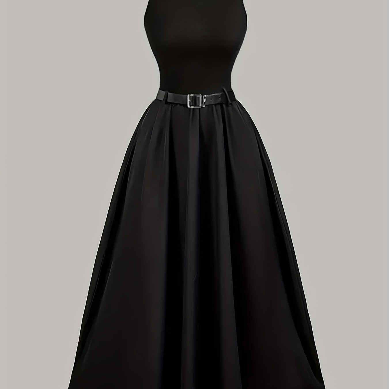 Elegant Black Satin Midi Dress for Women with Round Neck Sleeveless Belted Flared Style