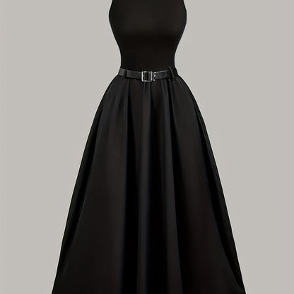 Elegant Black Satin Midi Dress for Women with Round Neck Sleeveless Belted Flared Style