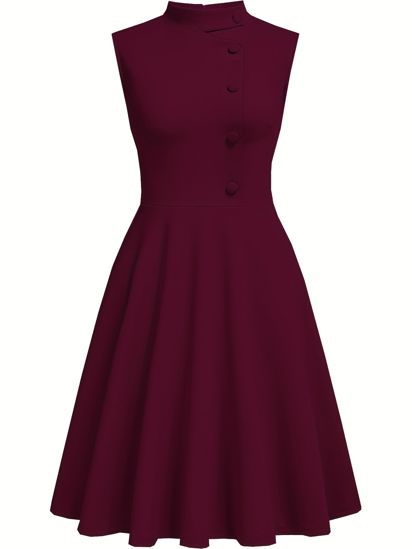 Elegant Navy Fit and Flare Dress for Women with Mock Neck Sleeveless Button Front Vintage Style