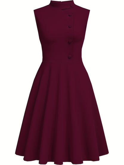 Elegant Navy Fit and Flare Dress for Women with Mock Neck Sleeveless Button Front Vintage Style