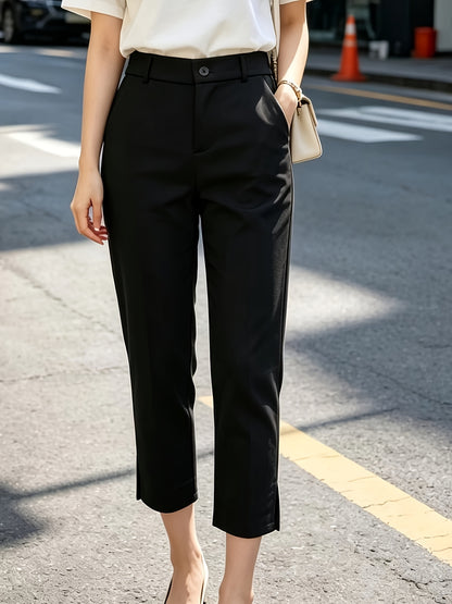 Elegant Tailored Trousers for Women with High Waist Button Front Cropped Slit Hem Casual Style