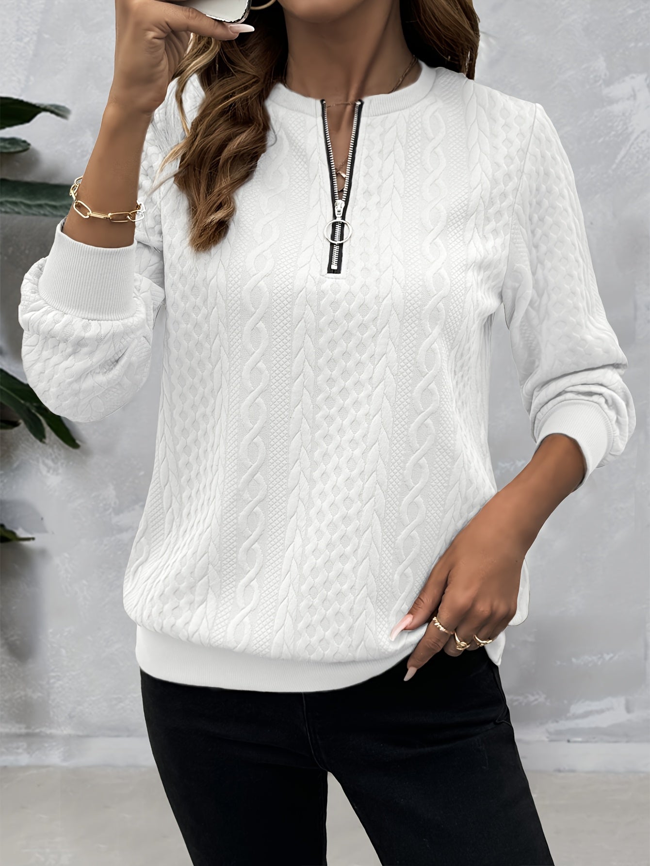 Comfortable Cable Knit Sweater for Women with Zip Crew Neck Long Sleeve Textured Relaxed Style