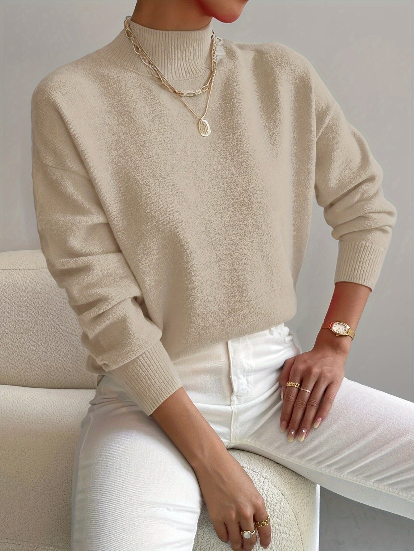 Comfortable Ribbed Sweater for Women with High Neck Long Sleeve Relaxed Oversized Knit Style