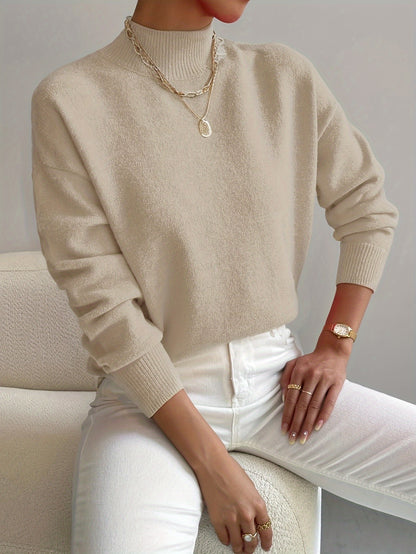 Comfortable Ribbed Sweater for Women with High Neck Long Sleeve Relaxed Oversized Knit Style