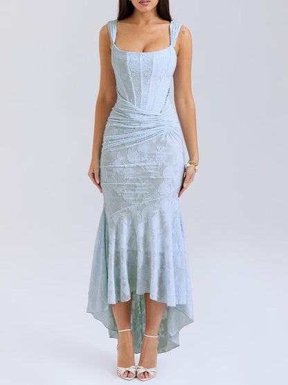 Elegant Lace Corset Maxi Dress for Women with Square Neck Sleeveless Ruched Mermaid Hem Wedding Guest Style
