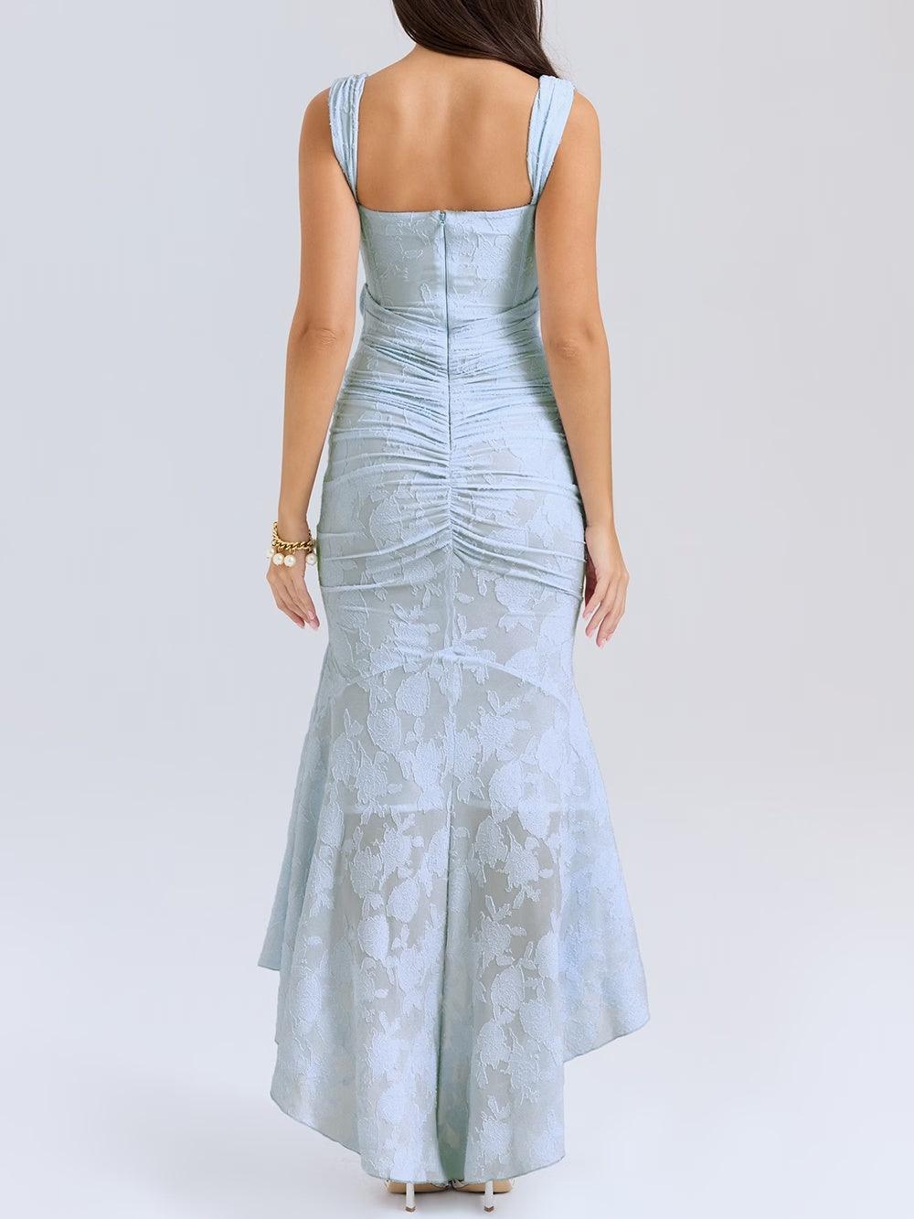 Elegant Lace Corset Maxi Dress for Women with Square Neck Sleeveless Ruched Mermaid Hem Wedding Guest Style