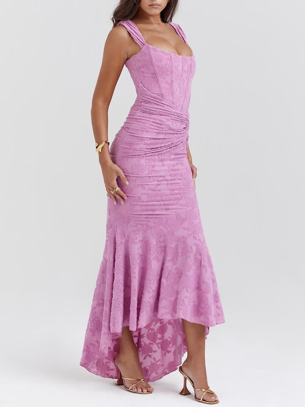 Elegant Lace Corset Maxi Dress for Women with Square Neck Sleeveless Ruched Mermaid Hem Wedding Guest Style