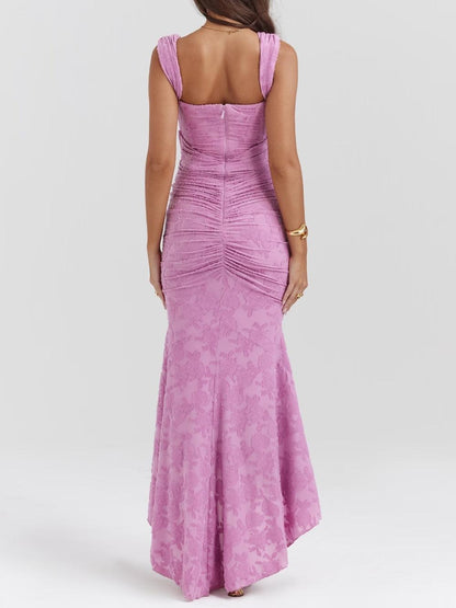 Elegant Lace Corset Maxi Dress for Women with Square Neck Sleeveless Ruched Mermaid Hem Wedding Guest Style