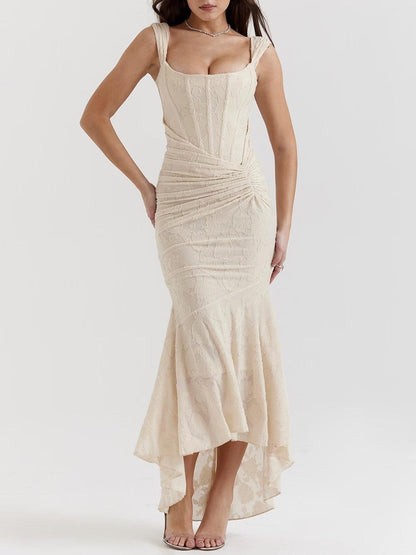 Elegant Lace Corset Maxi Dress for Women with Square Neck Sleeveless Ruched Mermaid Hem Wedding Guest Style