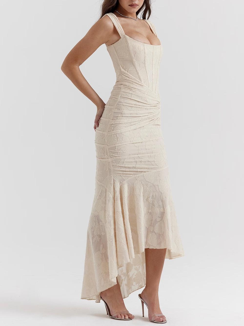 Elegant Lace Corset Maxi Dress for Women with Square Neck Sleeveless Ruched Mermaid Hem Wedding Guest Style