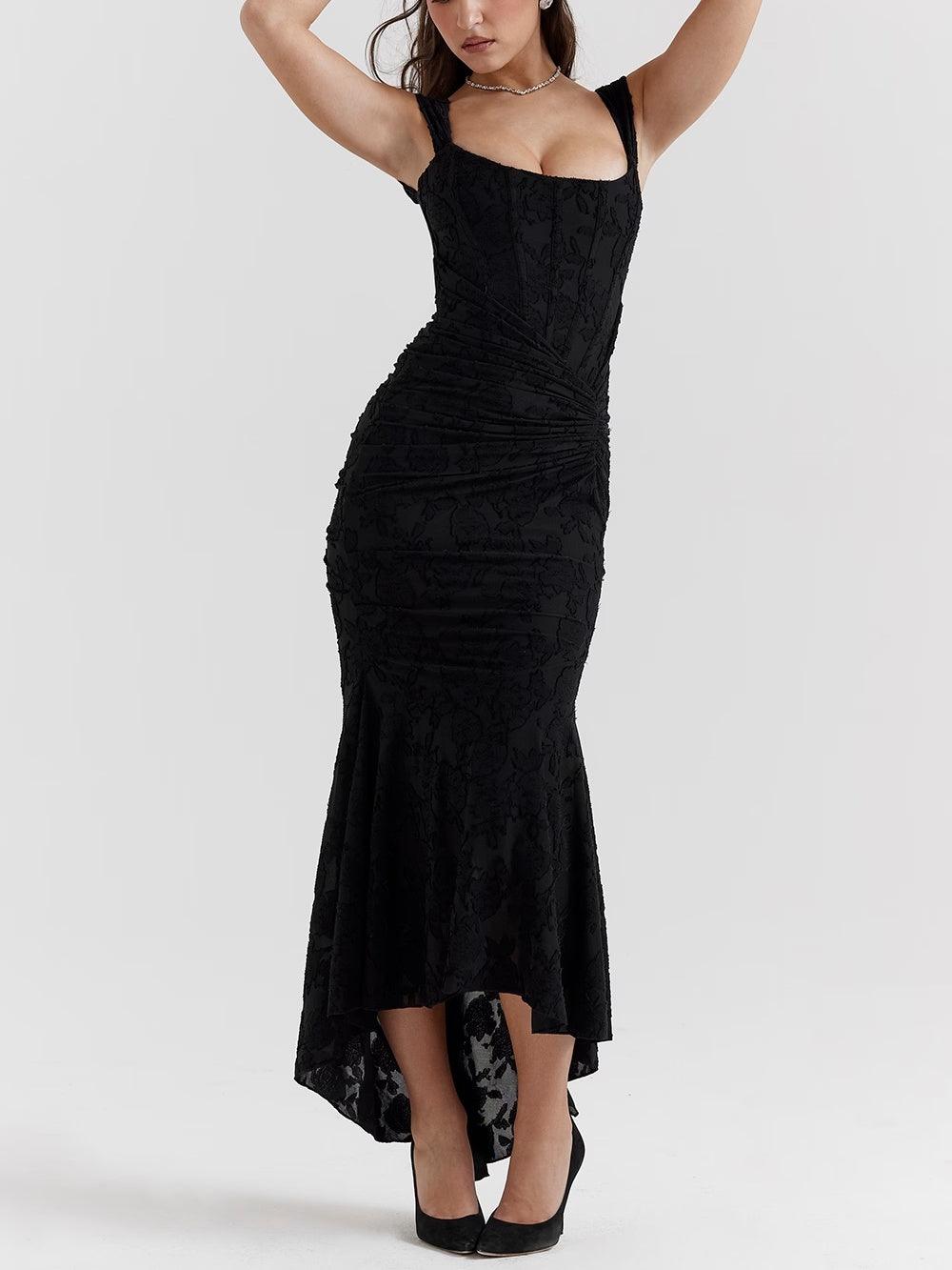 Elegant Lace Corset Maxi Dress for Women with Square Neck Sleeveless Ruched Mermaid Hem Wedding Guest Style