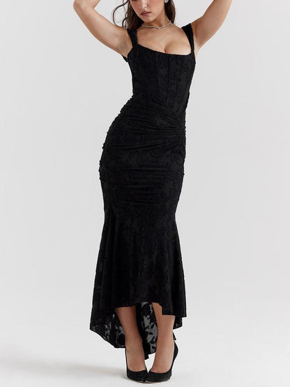 Elegant Lace Corset Maxi Dress for Women with Square Neck Sleeveless Ruched Mermaid Hem Wedding Guest Style