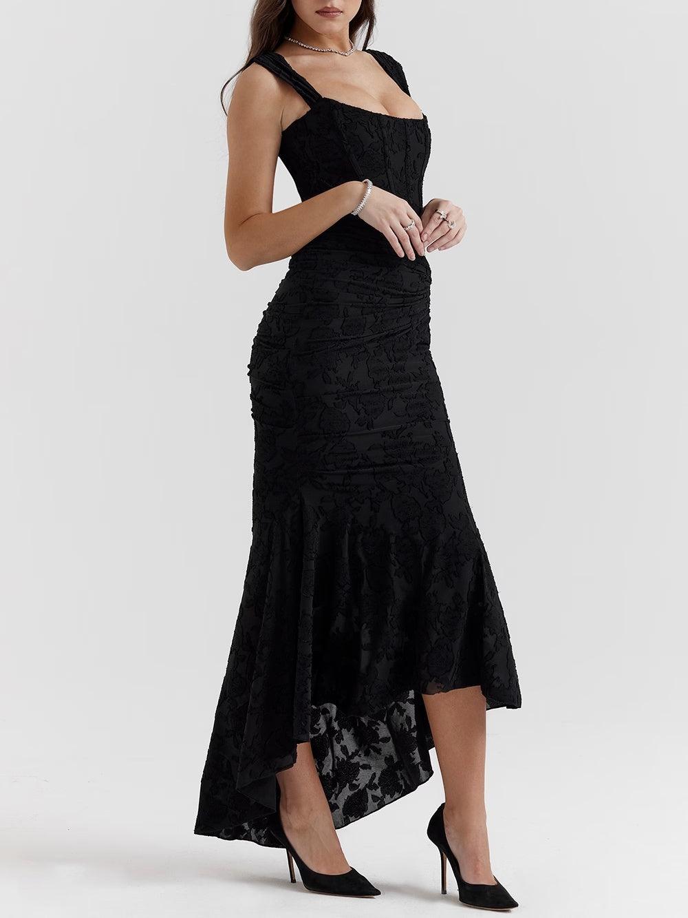 Elegant Lace Corset Maxi Dress for Women with Square Neck Sleeveless Ruched Mermaid Hem Wedding Guest Style