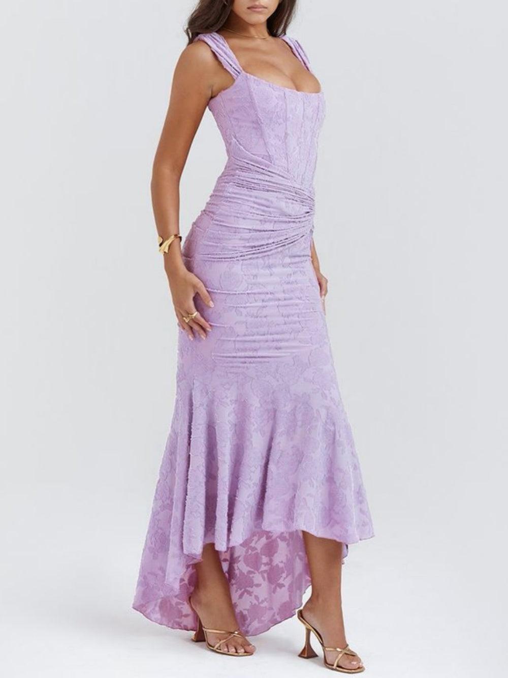 Elegant Lace Corset Maxi Dress for Women with Square Neck Sleeveless Ruched Mermaid Hem Wedding Guest Style