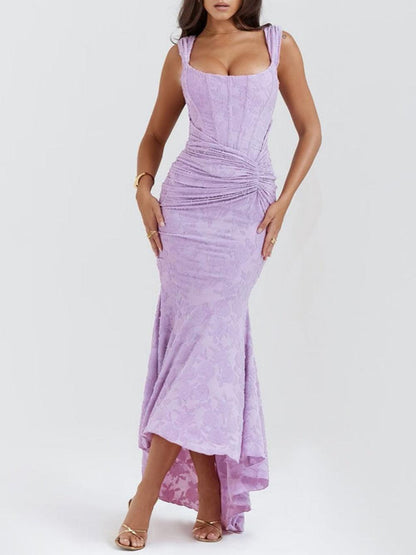 Elegant Lace Corset Maxi Dress for Women with Square Neck Sleeveless Ruched Mermaid Hem Wedding Guest Style