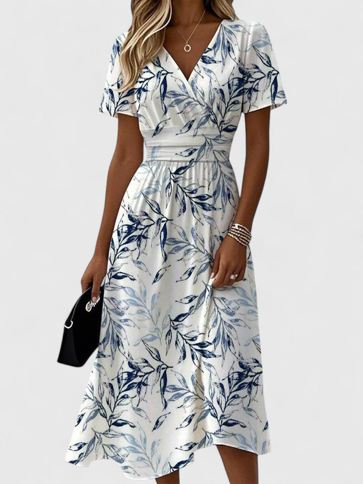 Effortless White Floral Midi Dress for Women with V Neck Flutter Sleeve Wrap Flowing Style