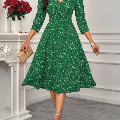 Elegant Green Polka Dot Midi Dress for Women with V Neck Elbow Sleeve Ruched Fit and Flare Wedding Guest Style
