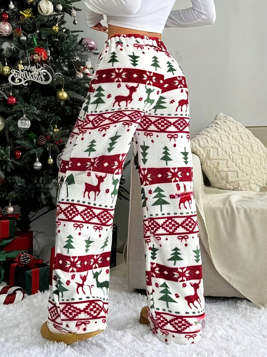 Comfortable Printed Fleece Pajama Pants for Women with High Waist Drawstring Wide Leg Casual Style