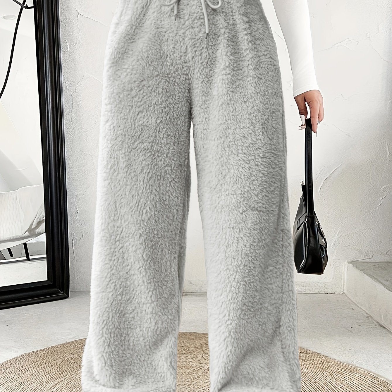 Comfortable Sherpa Wide Leg Pants for Women with High Waist Drawstring Relaxed Flowing Casual Style