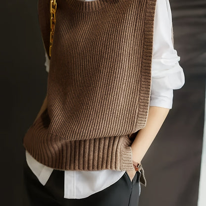 Comfortable Ribbed Knit Sweater Vest for Women with Crew Neck Sleeveless Relaxed Oversized Style
