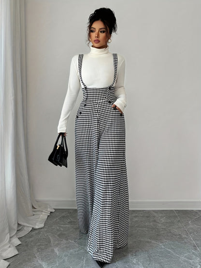 Elegant Houndstooth Wide Leg Jumpsuit for Women with Square Neck Sleeveless Suspender Button Front Relaxed Style