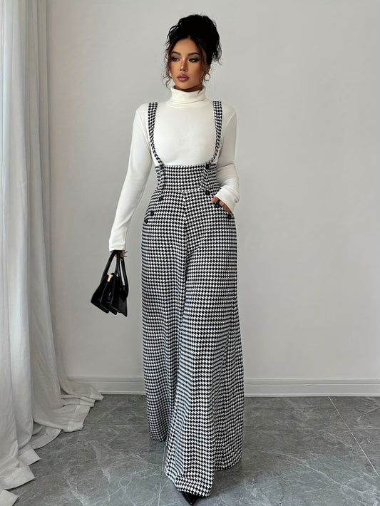 Elegant Houndstooth Wide Leg Jumpsuit for Women with Square Neck Sleeveless Suspender Button Front Relaxed Style