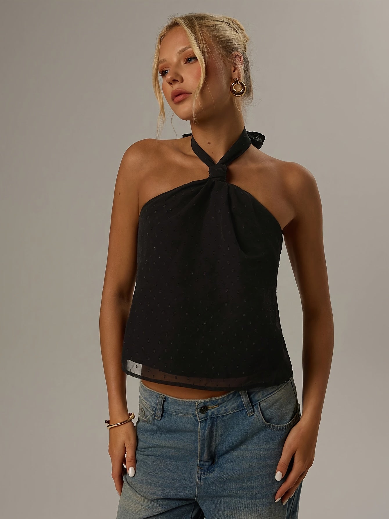 Elegant Black Swiss Dot Halter Top for Women with Sleeveless Sheer Tie Back Cropped Style