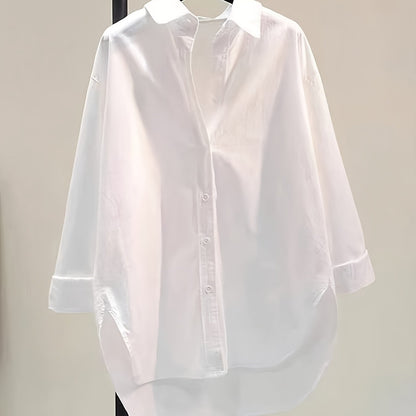 Effortless Cotton Blouse for Women with Collar Long Sleeve High Low Relaxed Oversized Style