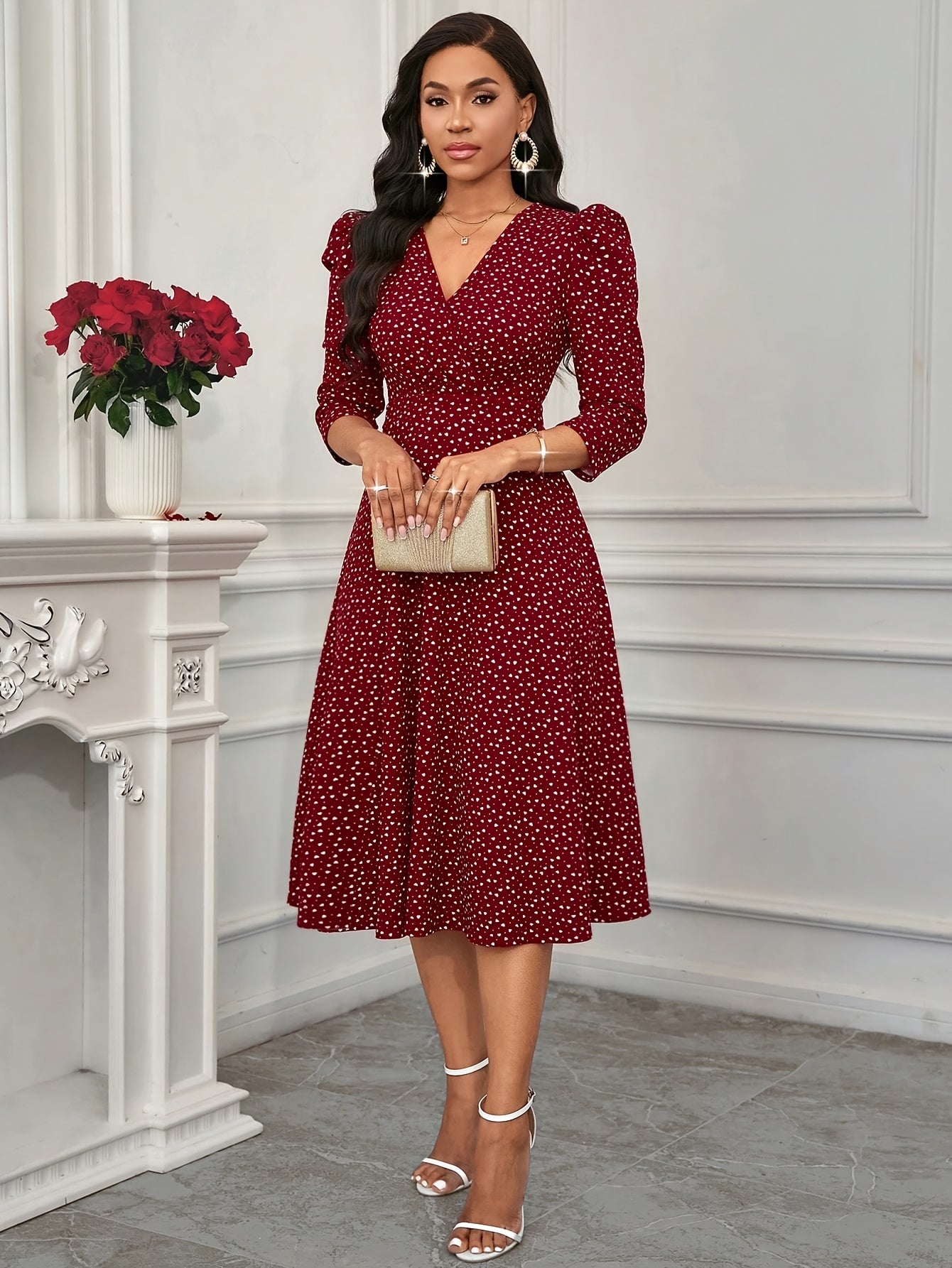 Elegant Polka Dot Midi Dress for Women with V Neck Puff Sleeve Fit and Flare Cocktail Style