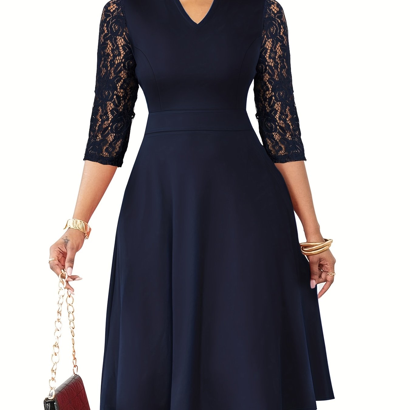 Elegant Lace Sleeve Midi Dress for Women with Notched Neck Three Quarter Sleeve Fit and Flare Cocktail Style