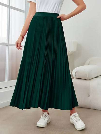 Elegant Dark Green Pleated Maxi Skirt for Women with High Waist Accordion Pleat Flowing A Line Style