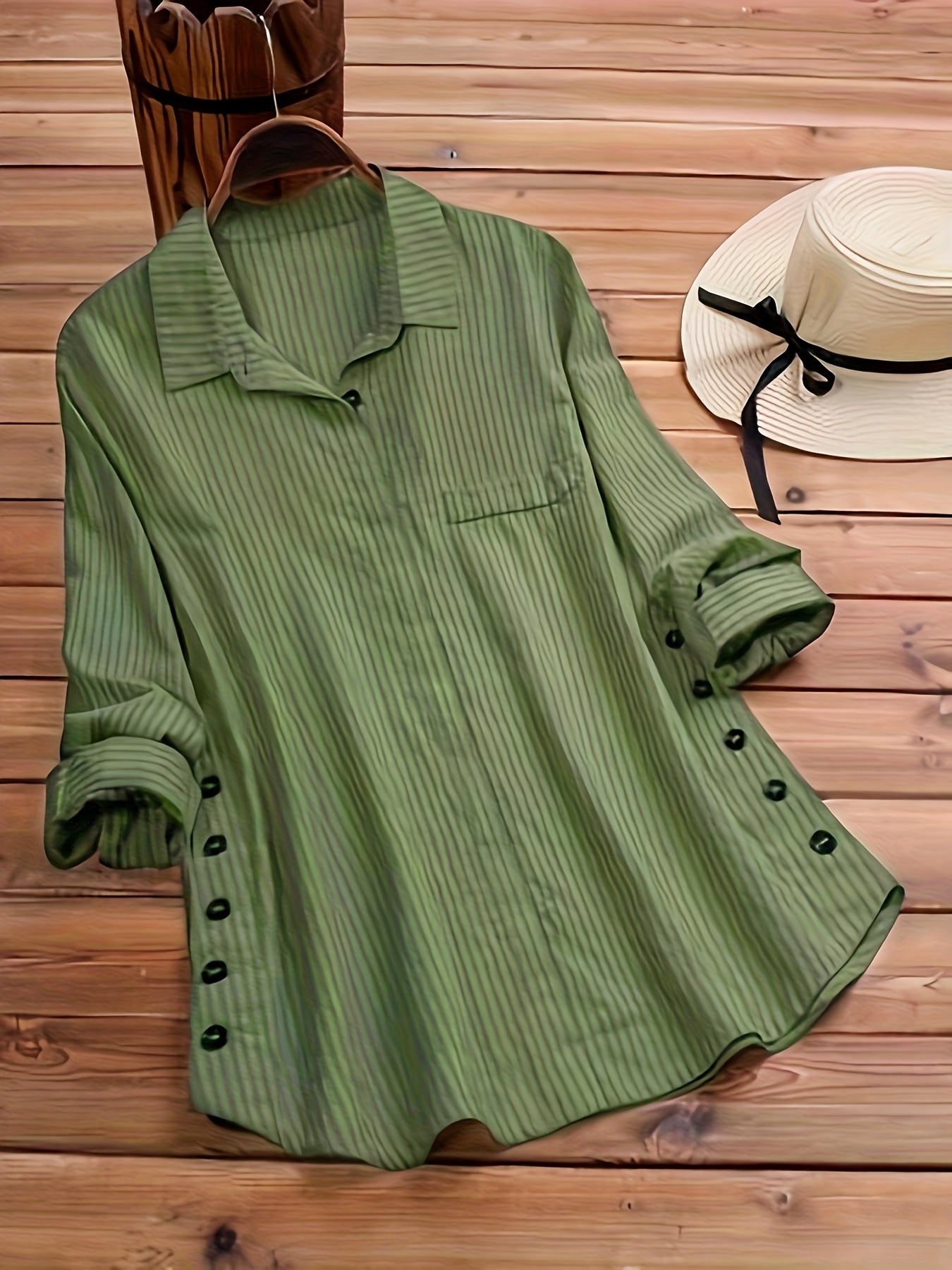 Effortless Striped Tunic Blouse for Women with Collar Long Sleeve Button Detail Relaxed Casual Style