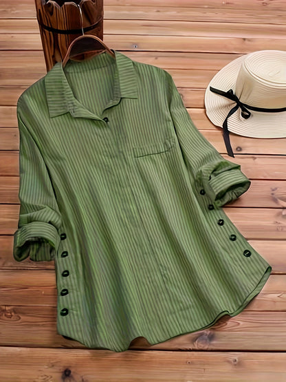 Effortless Striped Tunic Blouse for Women with Collar Long Sleeve Button Detail Relaxed Casual Style