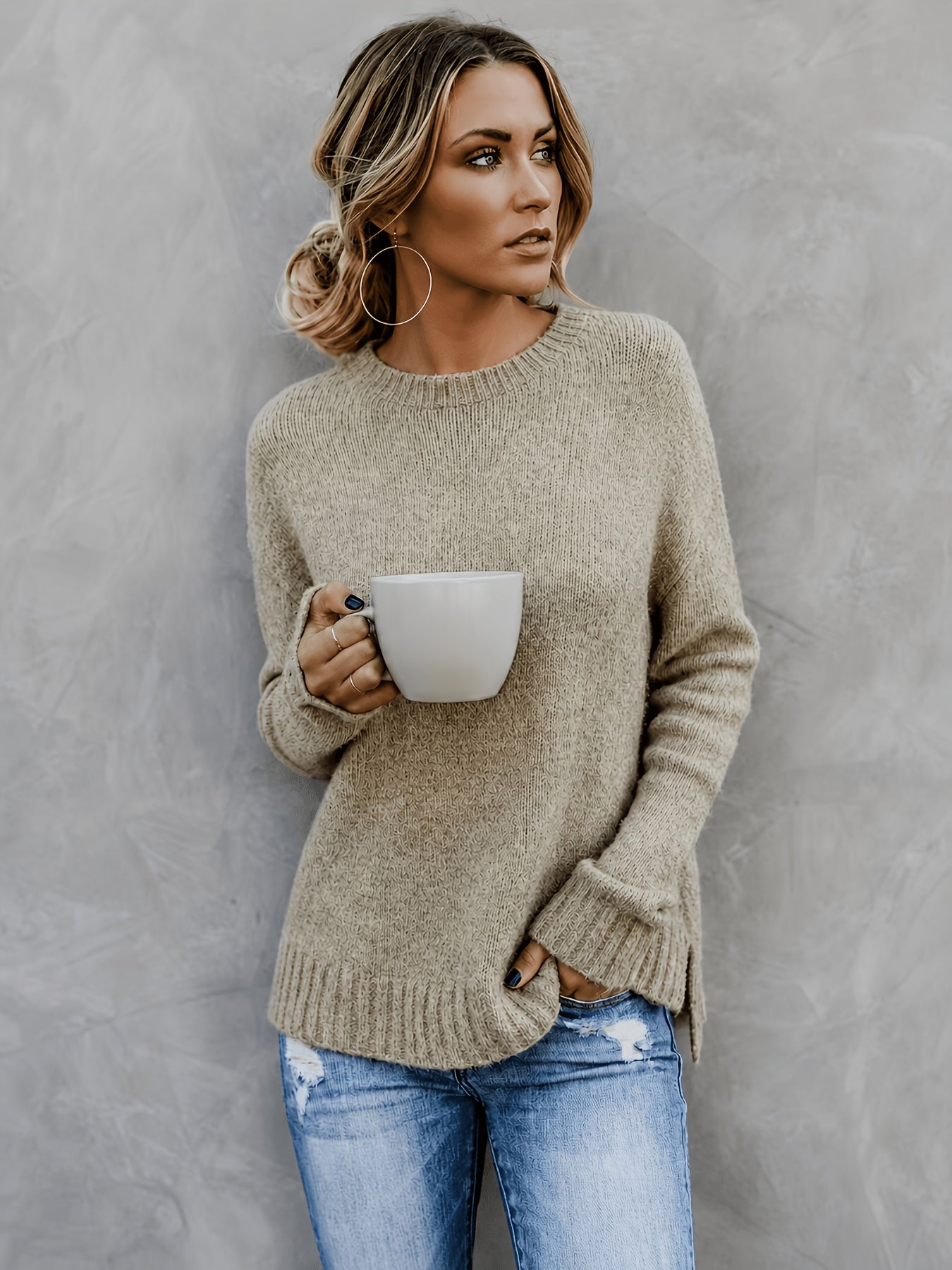 Comfortable Heathered Knit Sweater for Women with Crew Neck Bell Sleeve Side Slit Relaxed Oversized Style