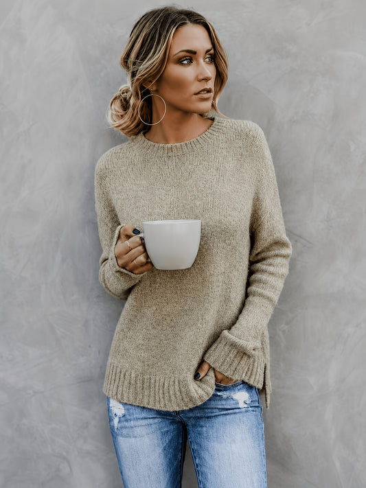 Comfortable Heathered Knit Sweater for Women with Crew Neck Bell Sleeve Side Slit Relaxed Oversized Style
