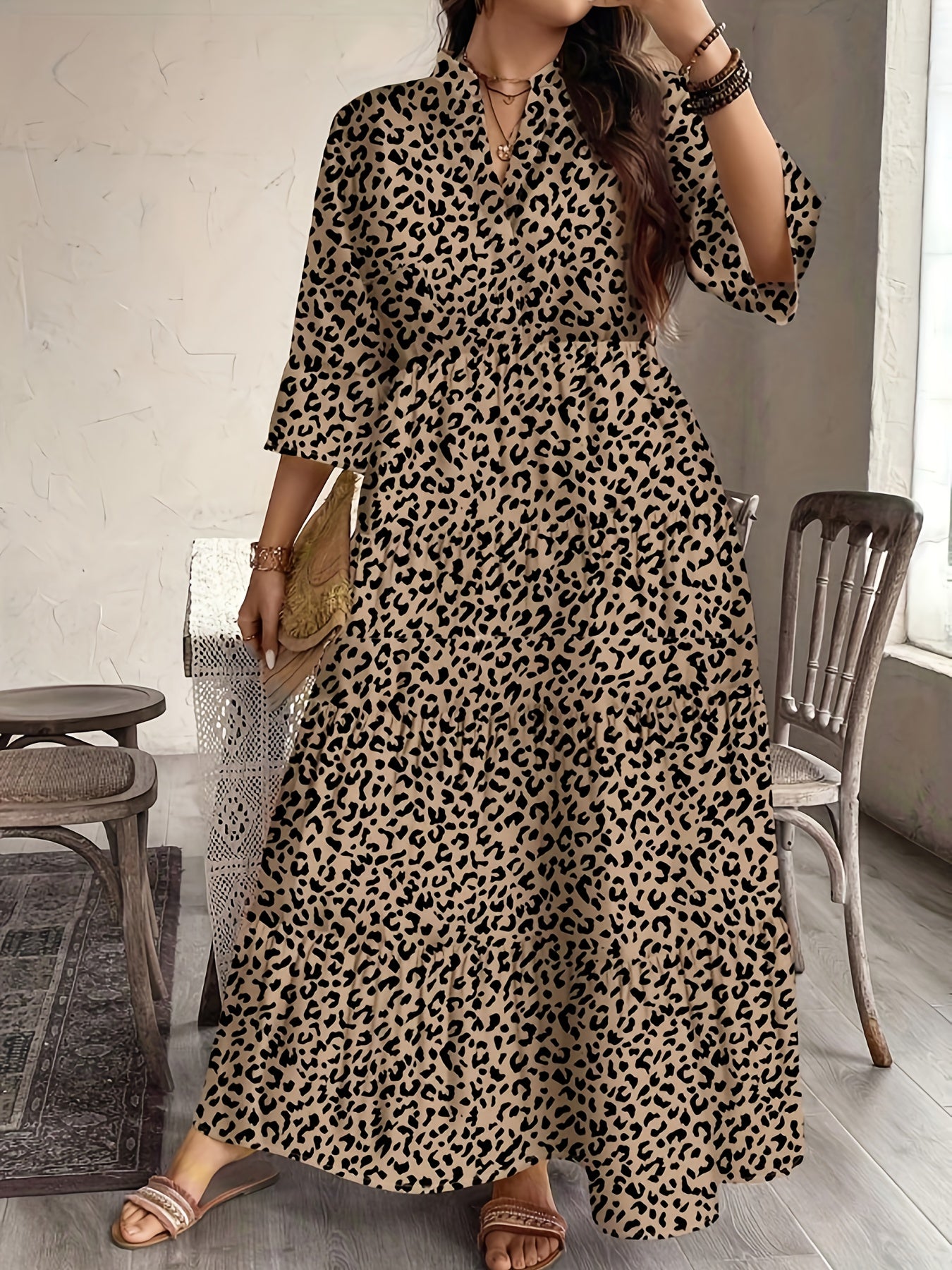 Effortless Multicolor Floral Maxi Dress for Women with V Neck Elbow Sleeve Tiered Ruffle Bohemian Style