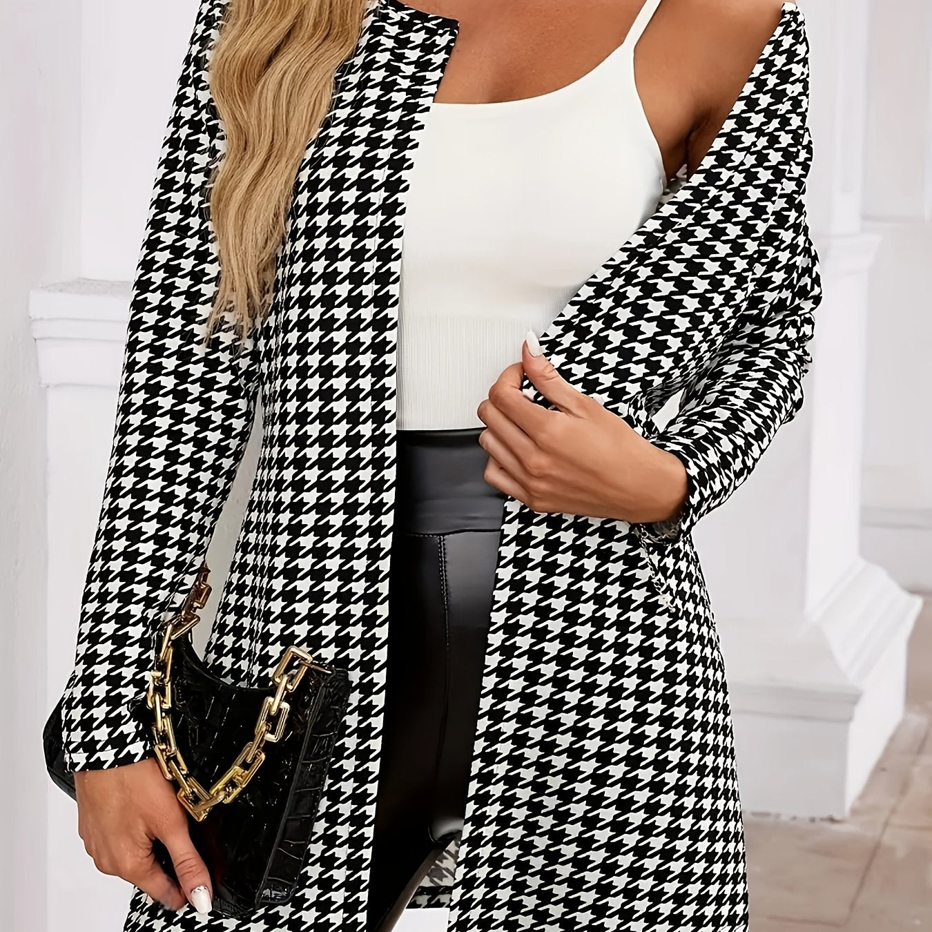 Elegant Houndstooth Longline Cardigan for Women with Open Front Long Sleeve Relaxed Knit Style