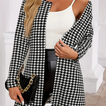 Elegant Houndstooth Longline Cardigan for Women with Open Front Long Sleeve Relaxed Knit Style