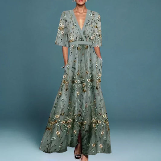 Elegant Floral Maxi Dress for Women with V Neck Half Sleeve Wrap Pocket Flowing Style