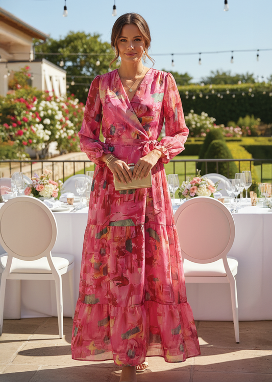 Elegant Pink Floral Maxi Dress for Women with Wrap V Neck Long Sleeve Tiered Formal Wedding Guest Style