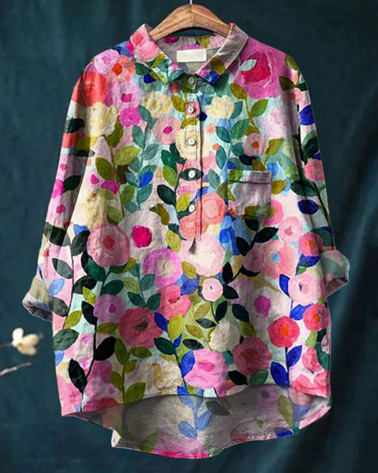 Effortless Floral Print Blouse for Women with Collar Long Sleeve Button Front High Low Casual Style