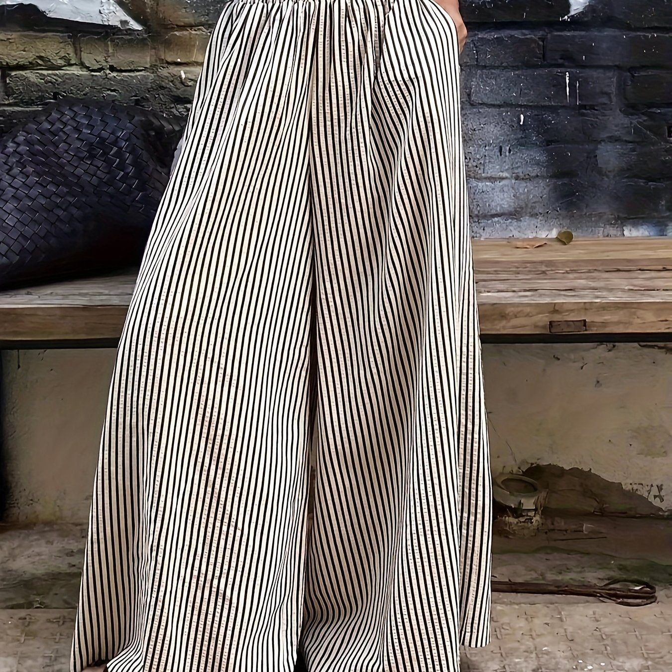 Effortless Black and Cream Striped Wide Leg Pants for Women with High Waist Elastic Flowing Palazzo Style